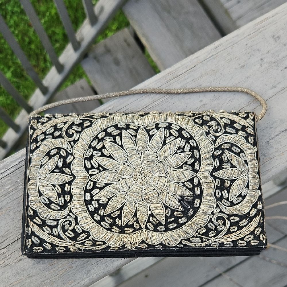 Vintage Black Velvet Clutch with Gold Metal Wire Coilwork Embroidery